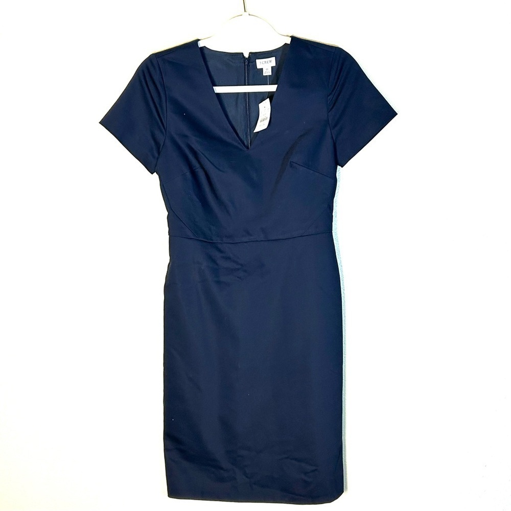 J Crew V Neck Cap Sleeve Dress Sheath Navy Blue Career Party Minimal Sz 0 NEW